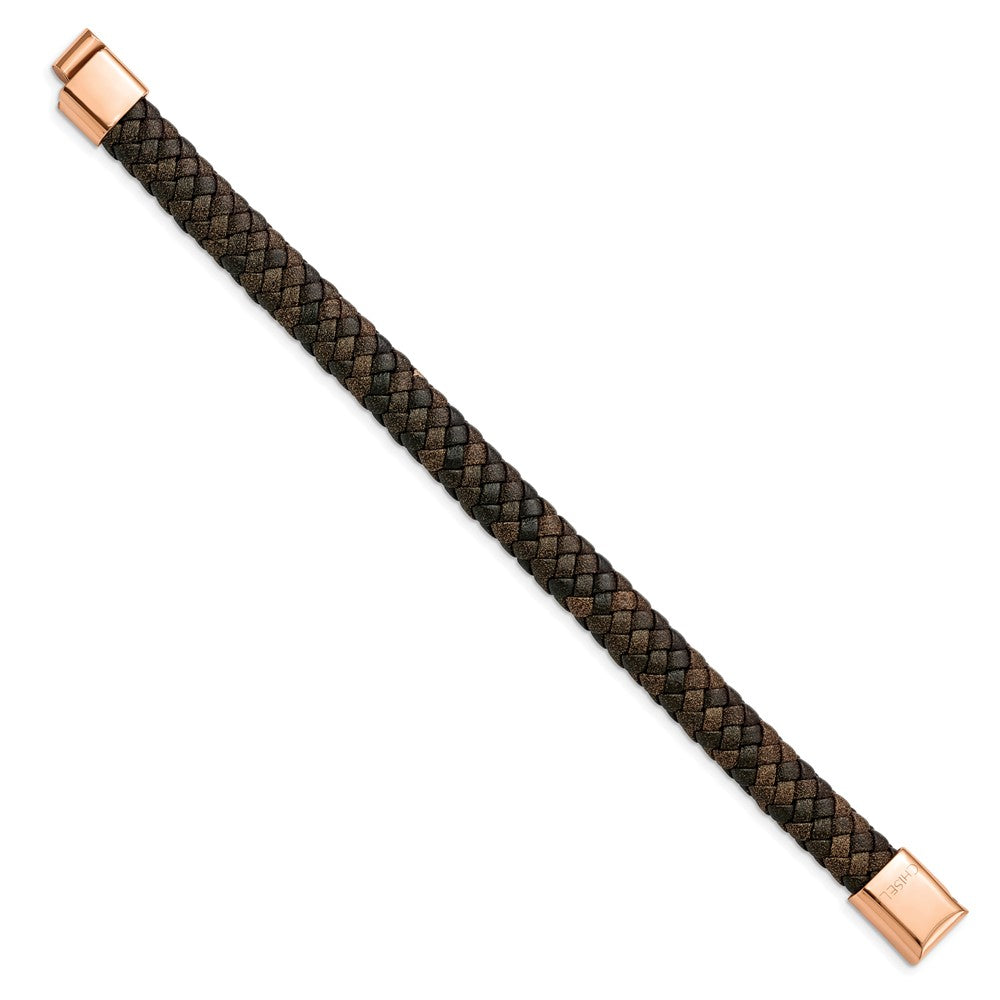 Chisel Stainless Steel Polished Rose IP-plated Brown Braided Leather 8.5 inch Bracelet SRB2031-8.5