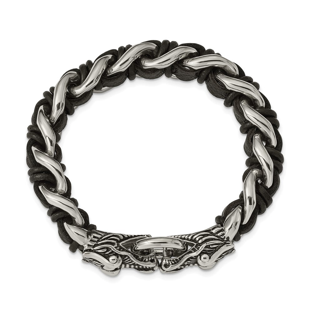 Chisel Stainless Steel Antiqued and Polished Dragon Head Curb Chain with Black Leather 8.5 inch Bracelet SRB2044-8.5