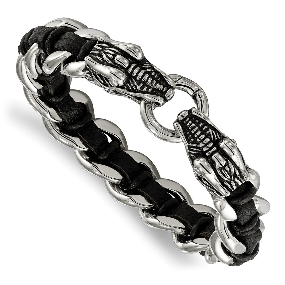 Chisel Stainless Steel Antiqued and Polished Dragon Head Curb Chain with Black Leather 8.5 inch Bracelet SRB2044-8.5