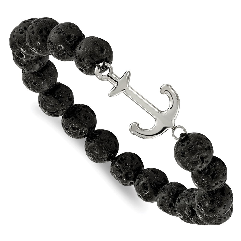 Chisel Stainless Steel Polished Anchor 10mm Black Lava Stone Stretch Bracelet SRB2153