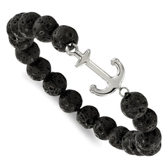 Chisel Stainless Steel Polished Anchor 10mm Black Lava Stone Stretch Bracelet SRB2153