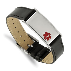 Chisel Stainless Steel Polished with Red Enamel Medical ID Black Leather Adjustable 6.5 to 8.25 inch Bracelet SRB2183