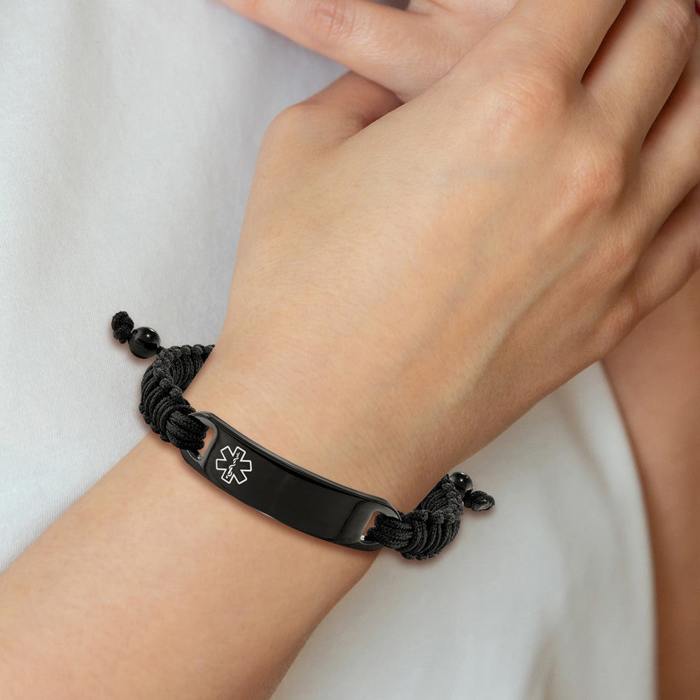 Chisel Stainless Steel Polished Black IP-plated with White Enamel Black Nylon Adjustable Medical ID Bracelet SRB2184
