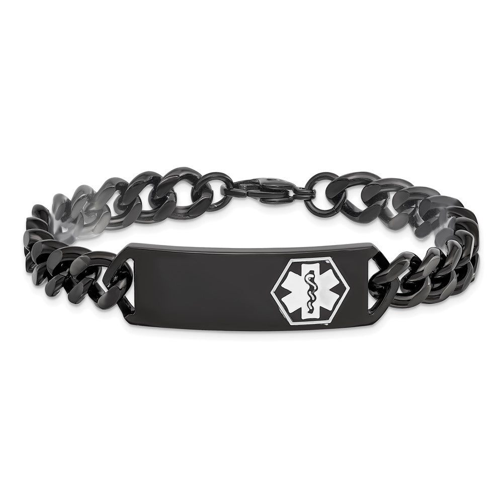Chisel Stainless Steel Polished Black IP-plated with White Enamel Medical ID 8 inch Curb Chain Bracelet SRB2194-8