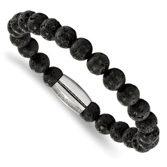 Chisel Stainless Steel Polished 8mm Lava Rock Beaded Stretch Bracelet SRB2234