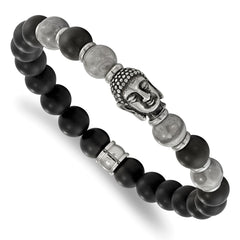 Chisel Stainless Steel Antiqued and Polished Buddha 8mm Black Agate and Grey Jasper Beaded Stretch Bracelet SRB2237