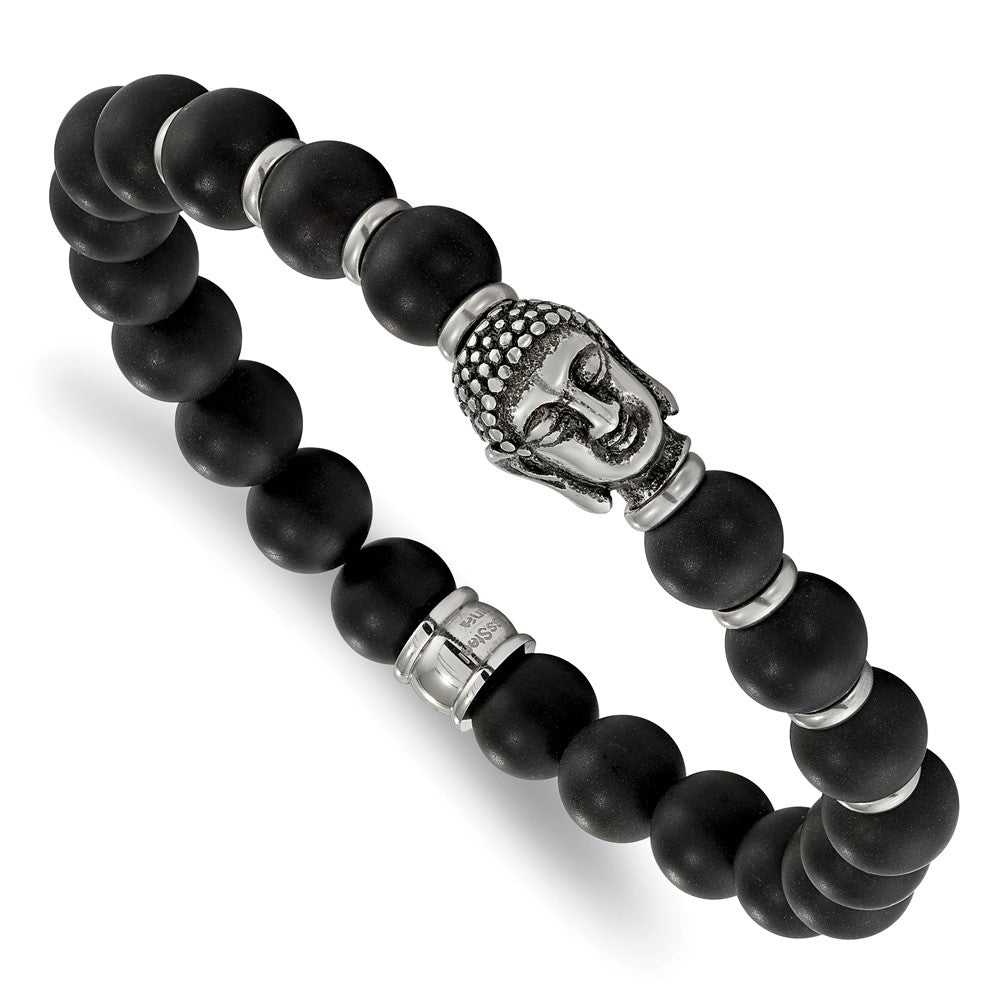 Chisel Stainless Steel Antiqued and Polished Buddha 8mm Black Agate Beaded Stretch Bracelet SRB2239