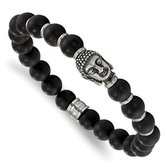 Chisel Stainless Steel Antiqued and Polished Buddha 8mm Black Agate Beaded Stretch Bracelet SRB2239