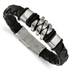 Chisel Stainless Steel Brushed and Polished Black Woven Leather 8 inch Bracelet with .5 inch Extension SRB2240-8
