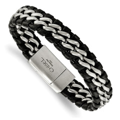 Chisel Stainless Steel Brushed Black Leather 8.5 inch Bracelet SRB2243-8.5