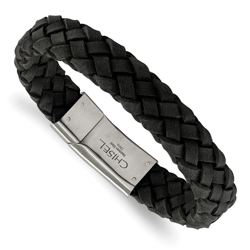 Chisel Stainless Steel Brushed Black Braided Leather 8.25 inch Bracelet SRB2246-8.25