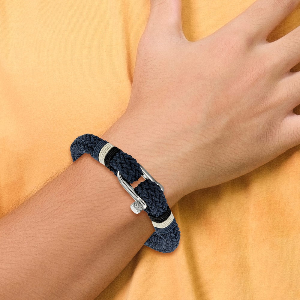 Chisel Stainless Steel Polished Woven Navy Blue Cotton 8.5 inch Bracelet SRB2252-8.5