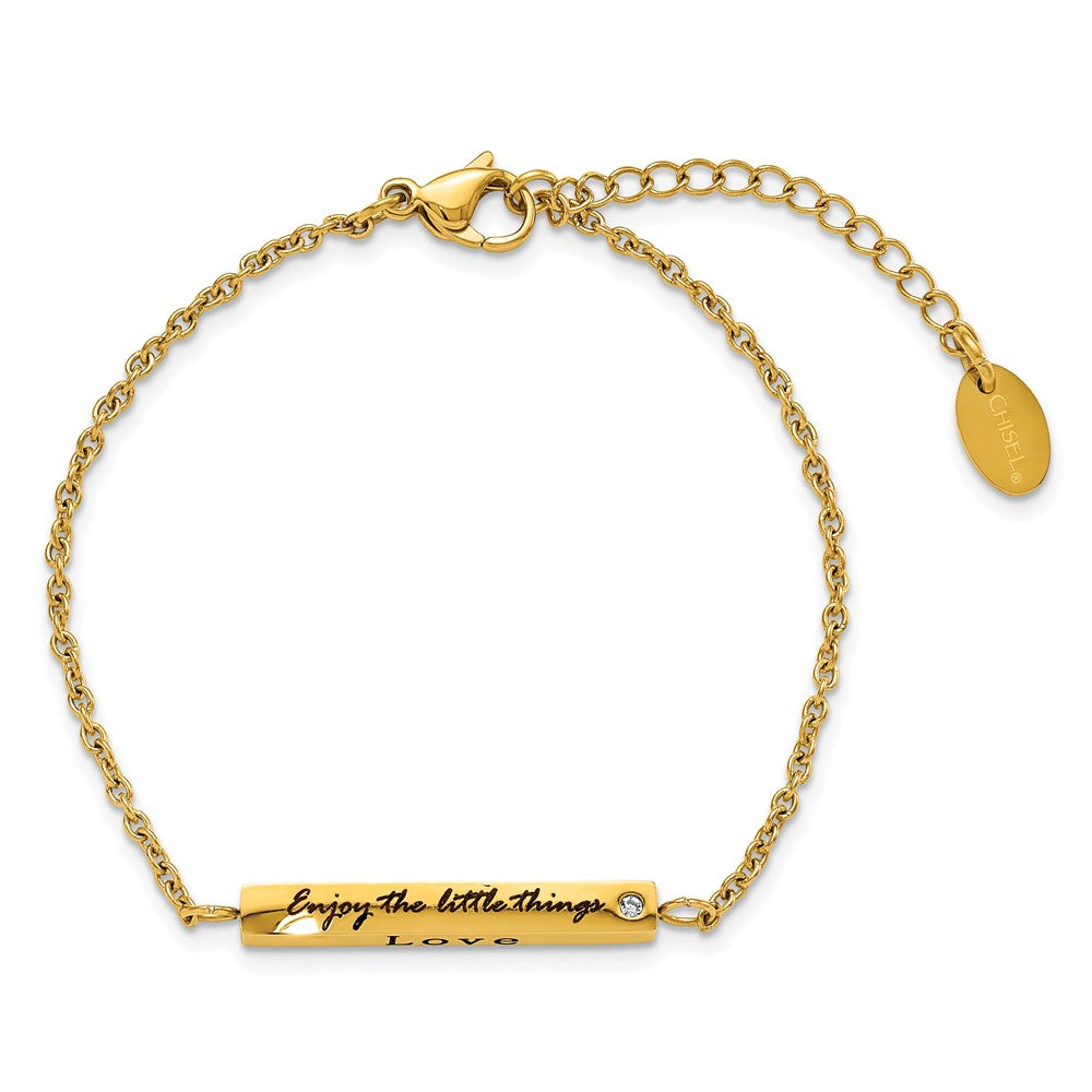 Chisel Stainless Steel Polished Yellow IP-plated with CZ LOVE DREAM LAUGH Enjoy the little things 7 inch Bracelet with 1.5 inch Extension SRB2256-7