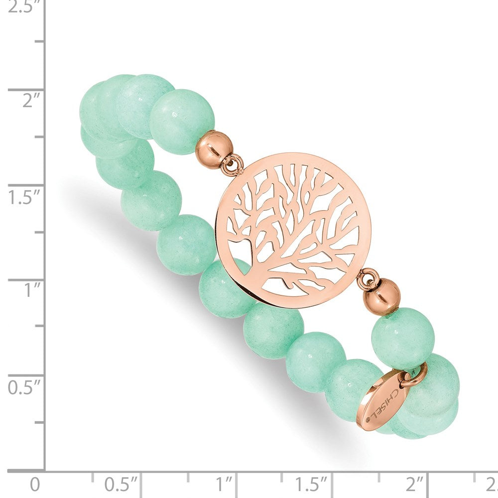 Chisel Stainless Steel Polished Rose IP-plated Tree of Life 8mm Green Dyed Jade Beaded Stretch Bracelet SRB2323