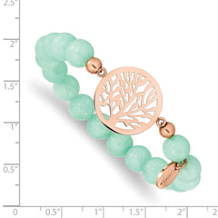 Chisel Stainless Steel Polished Rose IP-plated Tree of Life 8mm Green Dyed Jade Beaded Stretch Bracelet SRB2323