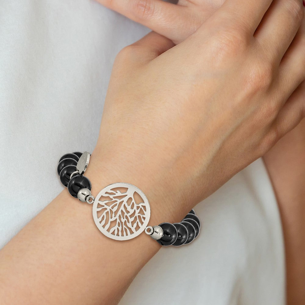 Chisel Stainless Steel Polished Tree of Life 8mm Black Agate Beaded Stretch Bracelet SRB2324