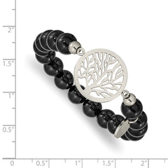 Chisel Stainless Steel Polished Tree of Life 8mm Black Agate Beaded Stretch Bracelet SRB2324