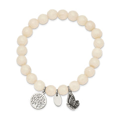 Chisel Stainless Steel Antiqued and Polished Butterfly and Tree of Life 8mm White Jade Beaded Stretch Bracelet SRB2325