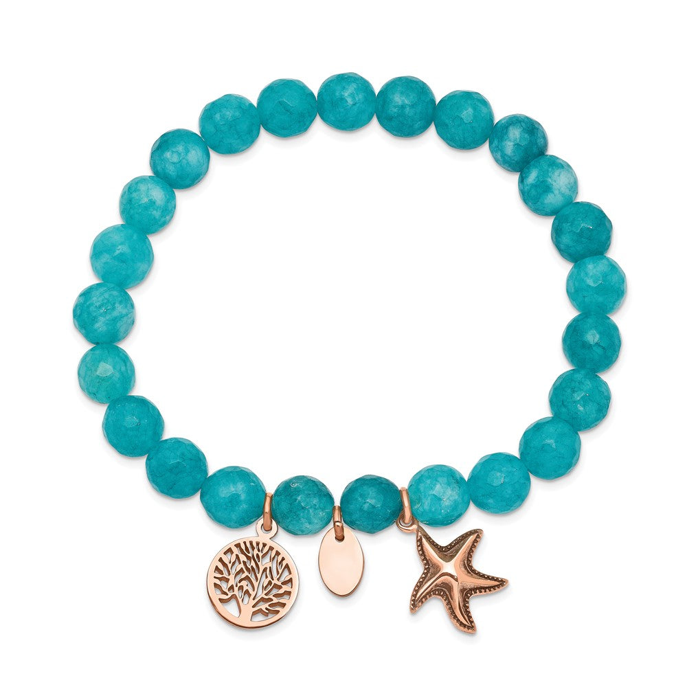 Chisel Stainless Steel Antiqued and Polished Rose IP-plated Starfish and Tree of Life 8mm Aqua Dyed Jade Beaded Stretch Bracelet SRB2326