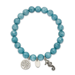 Chisel Stainless Steel Antiqued and Polished Seahorse and Tree of Life 8mm Blue Dyed Jade Beaded Stretch Bracelet SRB2327