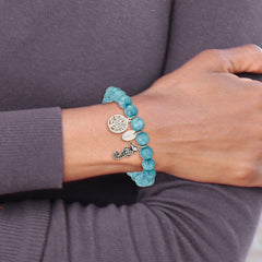 Chisel Stainless Steel Antiqued and Polished Seahorse and Tree of Life 8mm Blue Dyed Jade Beaded Stretch Bracelet SRB2327