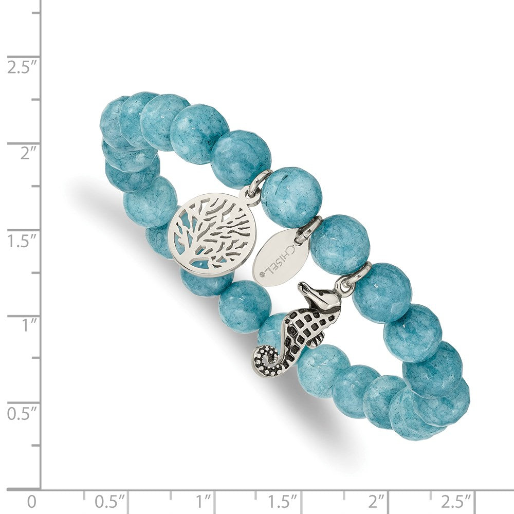 Chisel Stainless Steel Antiqued and Polished Seahorse and Tree of Life 8mm Blue Dyed Jade Beaded Stretch Bracelet SRB2327