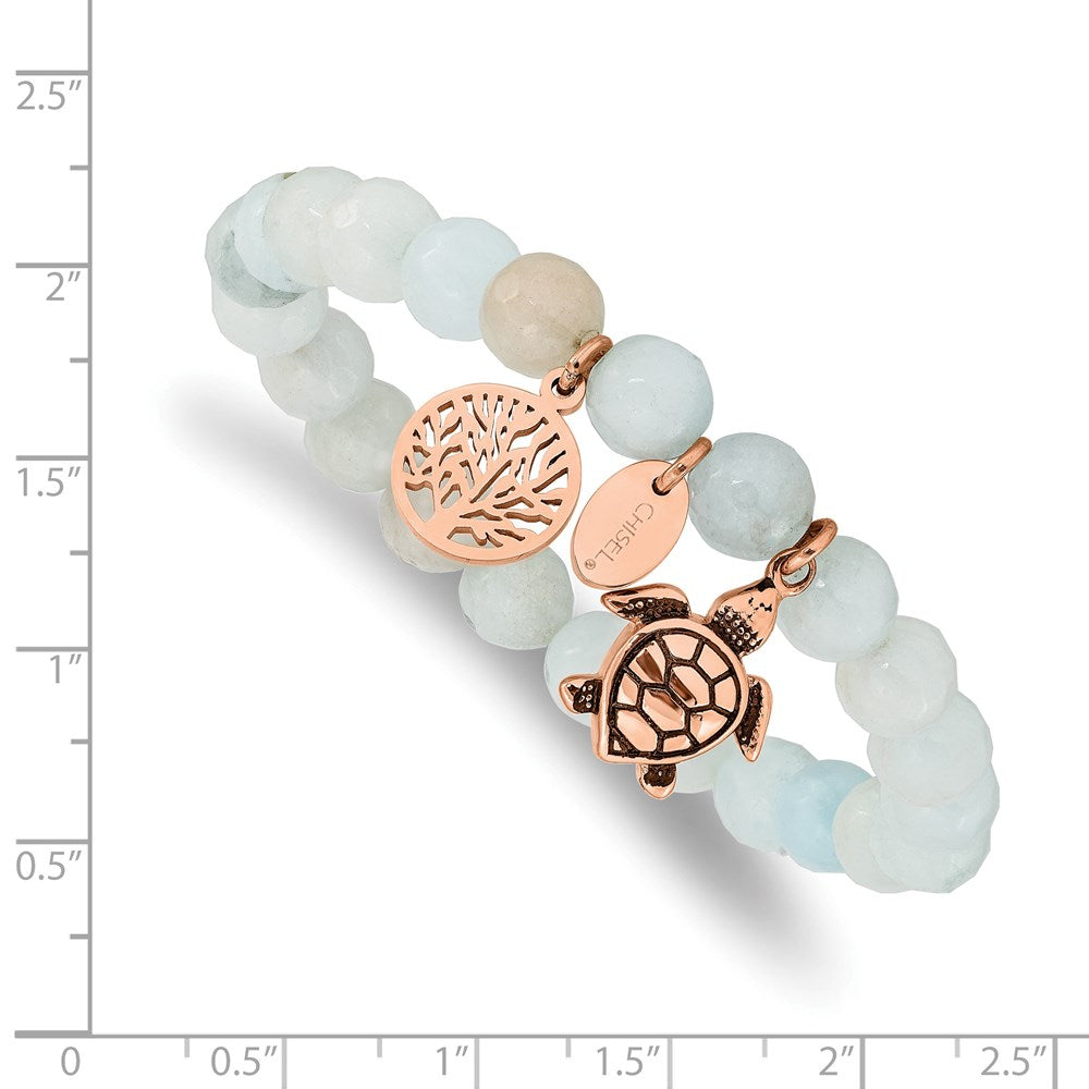 Chisel Stainless Steel Antiqued and Polished Rose IP-plated 8mm Blue/Grey Dyed Jade Beaded Stretch Bracelet SRB2328