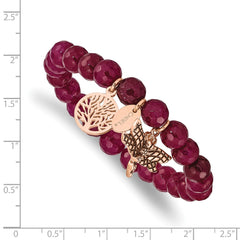 Chisel Stainless Steel Antiqued and Polished Rose IP-plated Dragonfly and Tree of Life 8mm Pink Dyed Jade Beaded Stretch Bracelet SRB2329