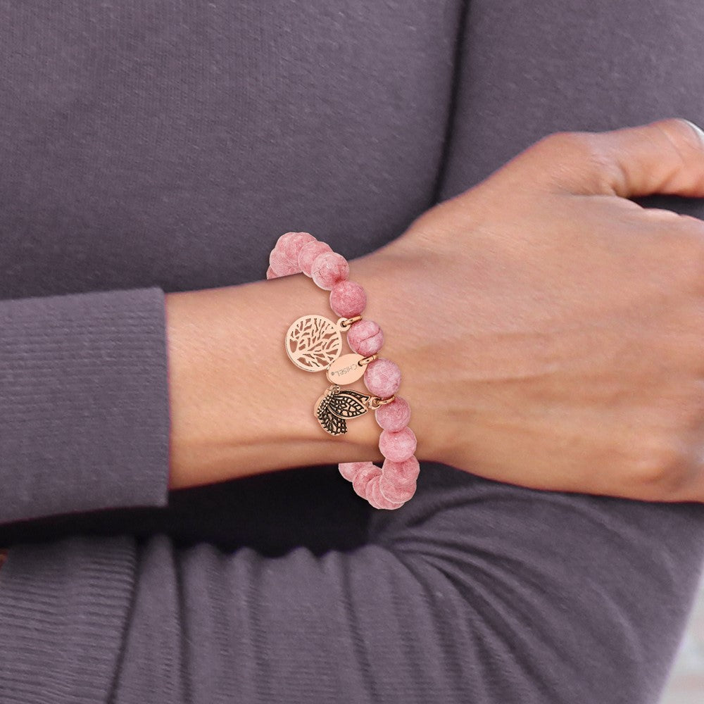 Chisel Stainless Steel Antiqued and Polish Rose IP-plated Butterfly and Tree of Life 8mm Pink Dyed Jade Beaded Stretch Bracelet SRB2331