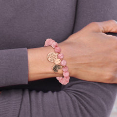 Chisel Stainless Steel Antiqued and Polish Rose IP-plated Butterfly and Tree of Life 8mm Pink Dyed Jade Beaded Stretch Bracelet SRB2331