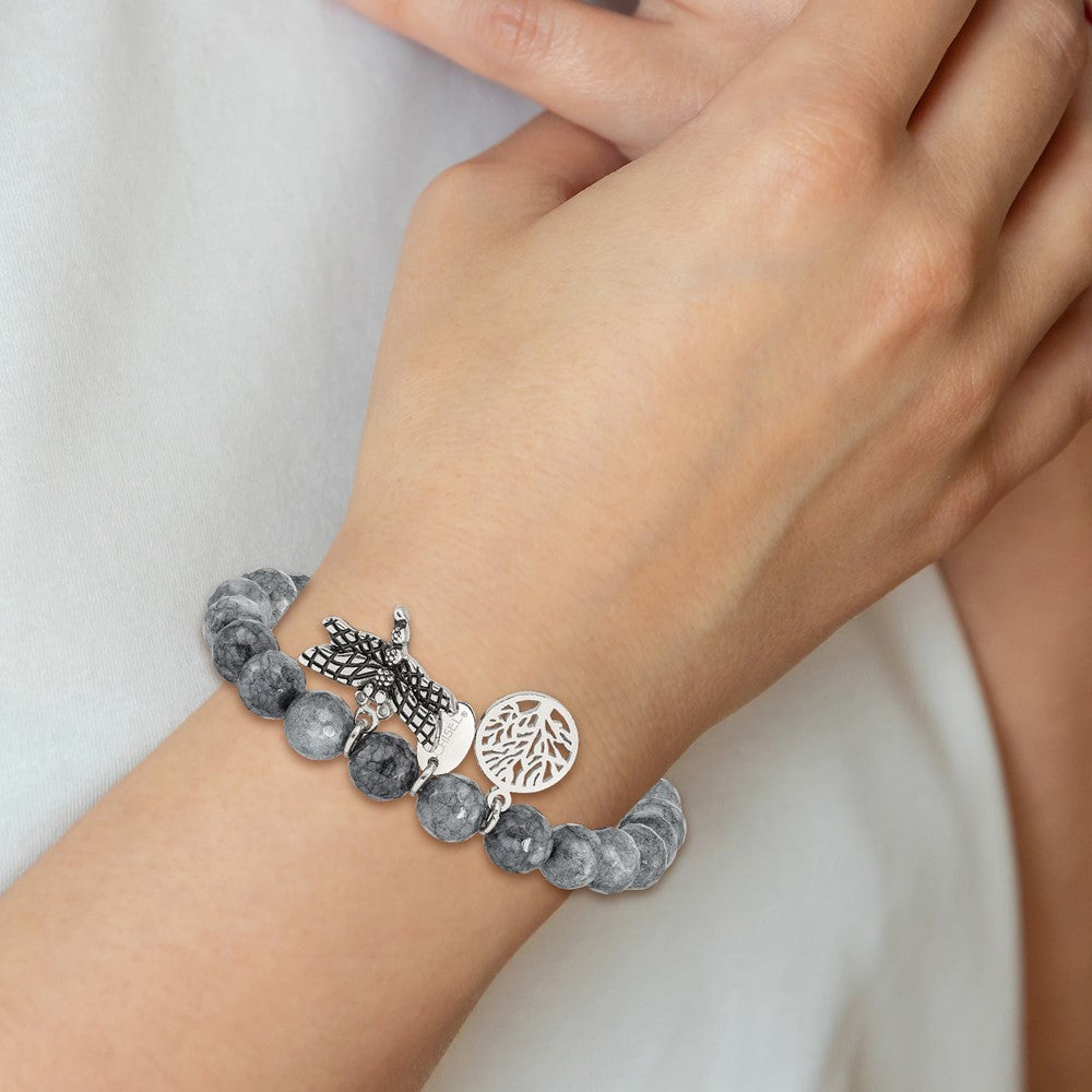 Chisel Stainless Steel Antiqued and Polished Dragonfly and Tree of Life 8mm Grey Dyed Jade Beaded Stretch Bracelet SRB2332