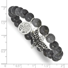 Chisel Stainless Steel Antiqued and Polished Dragonfly and Tree of Life 8mm Grey Dyed Jade Beaded Stretch Bracelet SRB2332