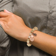 Chisel Stainless Steel Antiqued and Polished Rose IP-plated Owl and Tree of Life 8mm Taupe Dyed Jade Beaded Stretch Bracelet SRB2333