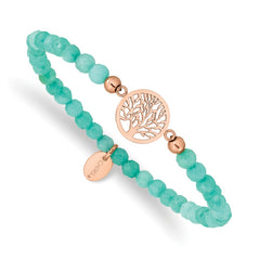 Chisel Stainless Steel Polished Rose IP-plated Tree of Life 4mm Mint Jade Beaded Stretch Bracelet SRB2335