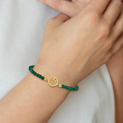 Chisel Stainless Steel Polished Yellow IP-plated Tree of Life 4mm Green Jade Beaded Stretch Bracelet SRB2336