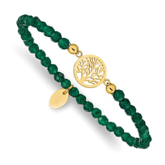 Chisel Stainless Steel Polished Yellow IP-plated Tree of Life 4mm Green Jade Beaded Stretch Bracelet SRB2336