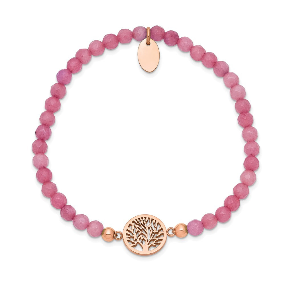 Chisel Stainless Steel Polished Rose IP-plated Tree of Life 4mm Red Jade Beaded Stretch Bracelet SRB2337