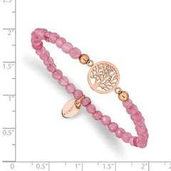 Chisel Stainless Steel Polished Rose IP-plated Tree of Life 4mm Red Jade Beaded Stretch Bracelet SRB2337