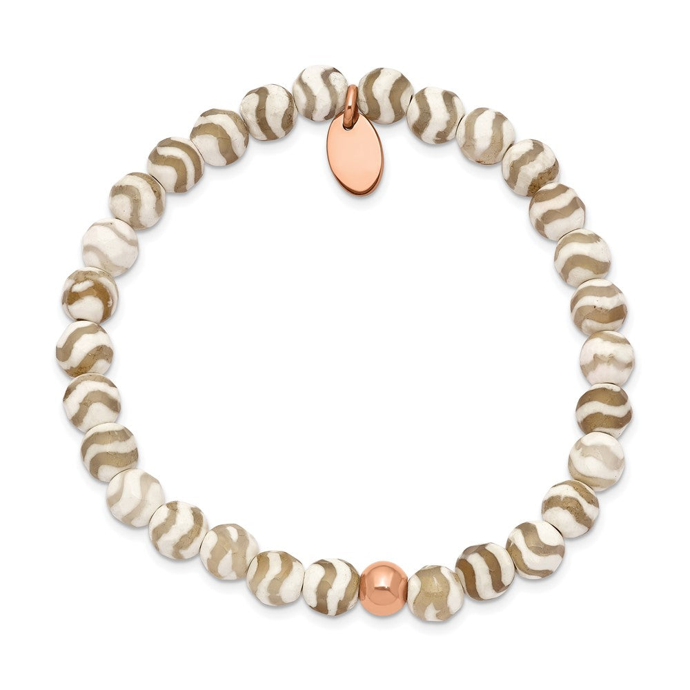 Chisel Stainless Steel Polished Rose IP-plated 6mm White Wave Agate Beaded Stretch Bracelet SRB2338