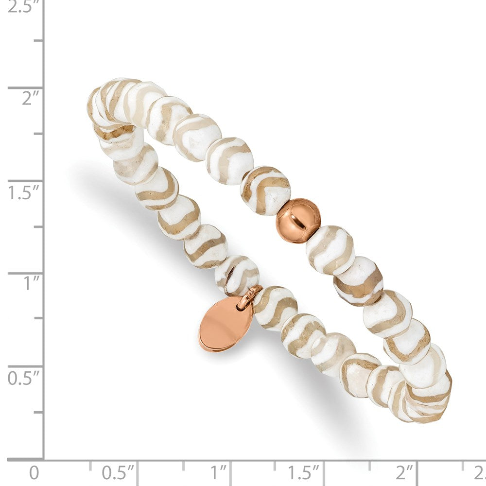 Chisel Stainless Steel Polished Rose IP-plated 6mm White Wave Agate Beaded Stretch Bracelet SRB2338