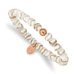 Chisel Stainless Steel Polished Rose IP-plated 6mm White Wave Agate Beaded Stretch Bracelet SRB2338