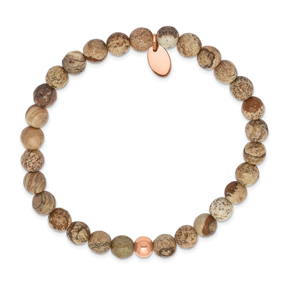 Chisel Stainless Steel Polished Rose IP-plated 6mm Brown Jasper Beaded Stretch Bracelet SRB2339