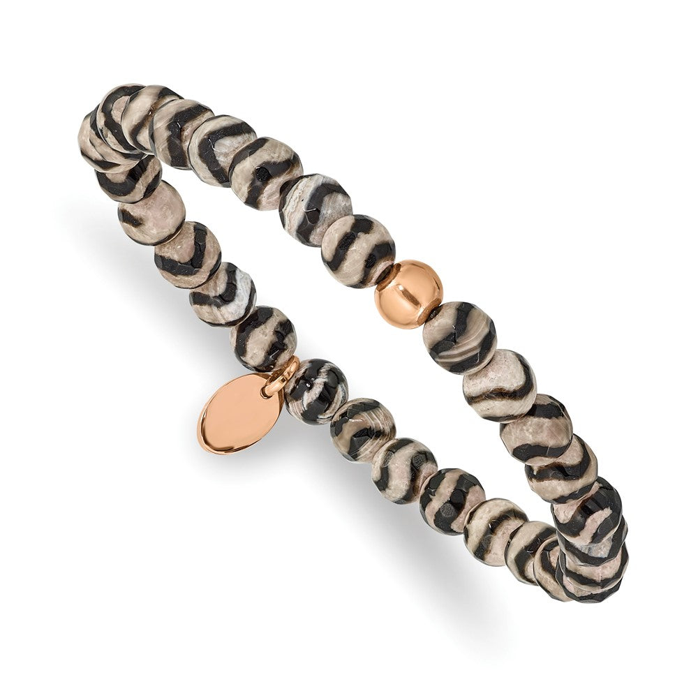 Chisel Stainless Steel Polished Rose IP-plated 6mm Black and White Striped Agate Beaded Stretch Bracelet SRB2340