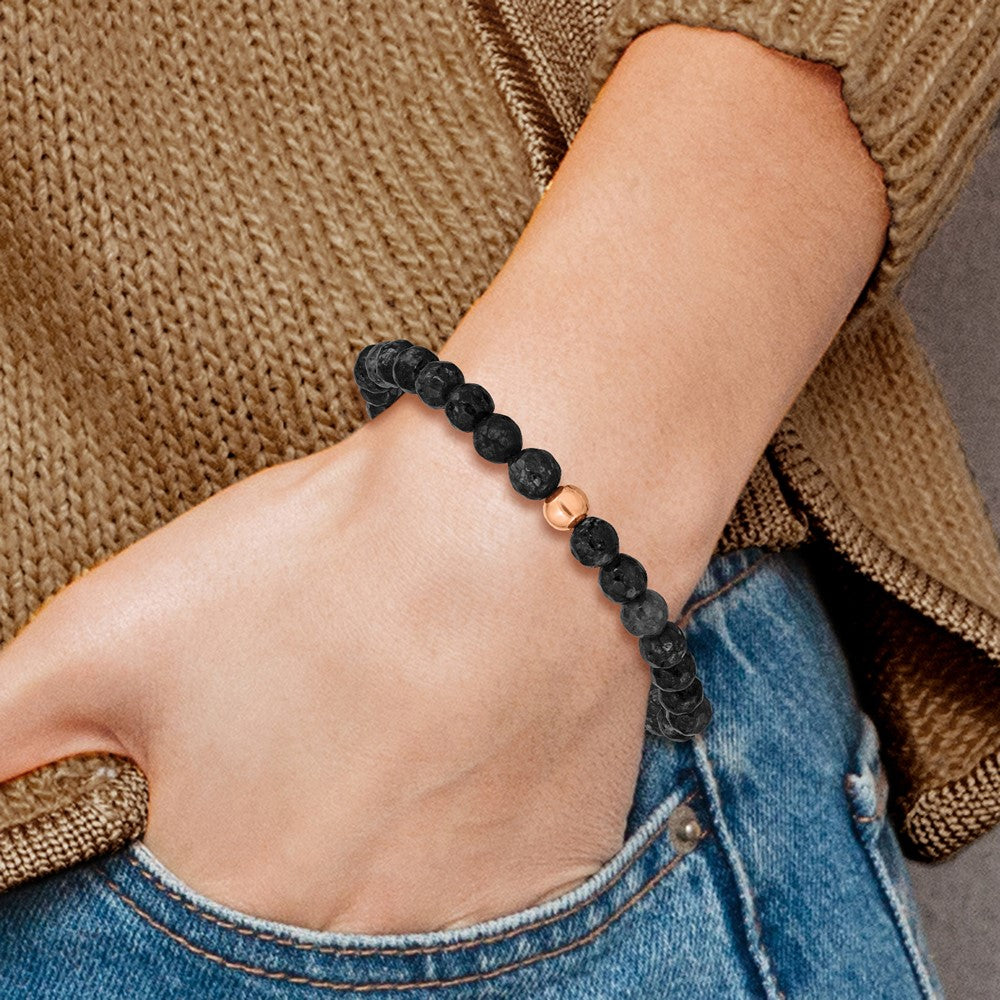 Chisel Stainless Steel Polished Rose IP-plated 6mm Black Onyx Stretch Bracelet SRB2342