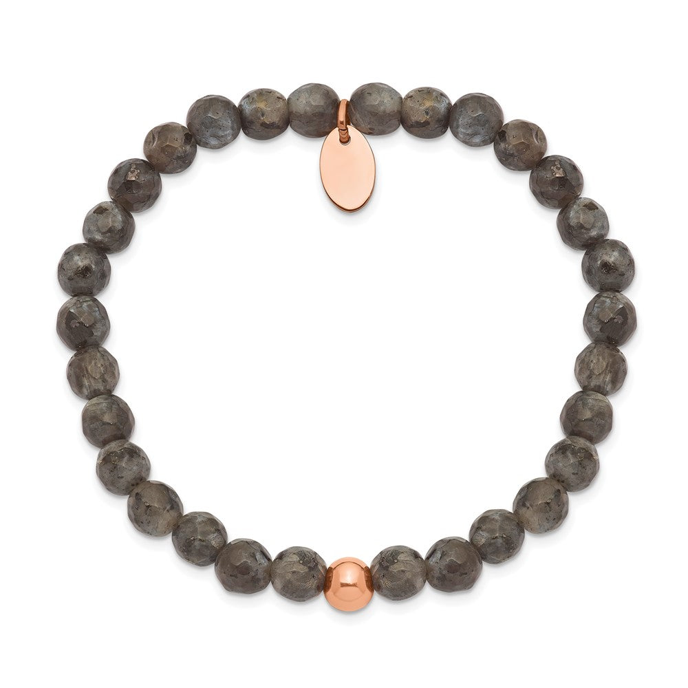 Chisel Stainless Steel Polished Rose IP-plated 6mm Spectrolite Beaded Stretch Bracelet SRB2343
