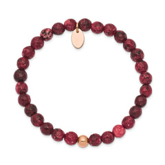 Chisel Stainless Steel Polished Rose IP-plated 6mm Red Jade Beaded Stretch Bracelet SRB2344