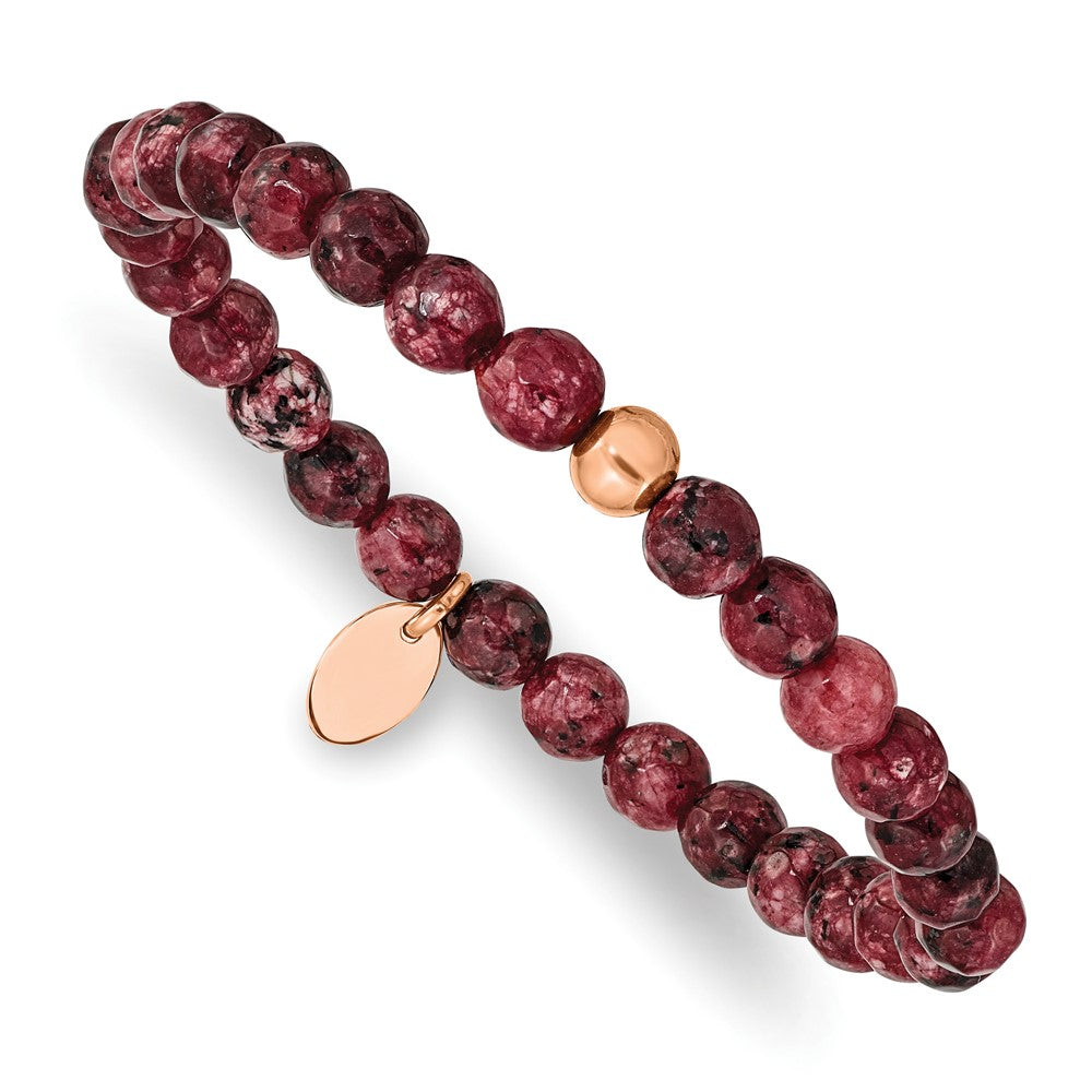 Chisel Stainless Steel Polished Rose IP-plated 6mm Red Jade Beaded Stretch Bracelet SRB2344