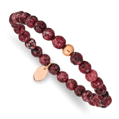 Chisel Stainless Steel Polished Rose IP-plated 6mm Red Jade Beaded Stretch Bracelet SRB2344