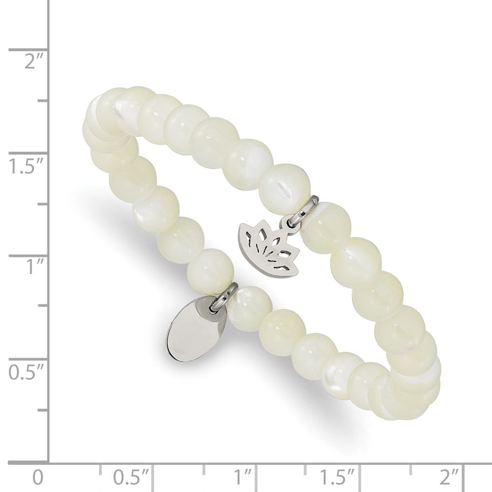 Chisel Stainless Steel Polished Lotus 6mm Mother of Pearl Beaded Stretch Bracelet SRB2346