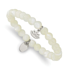 Chisel Stainless Steel Polished Lotus 6mm Mother of Pearl Beaded Stretch Bracelet SRB2346